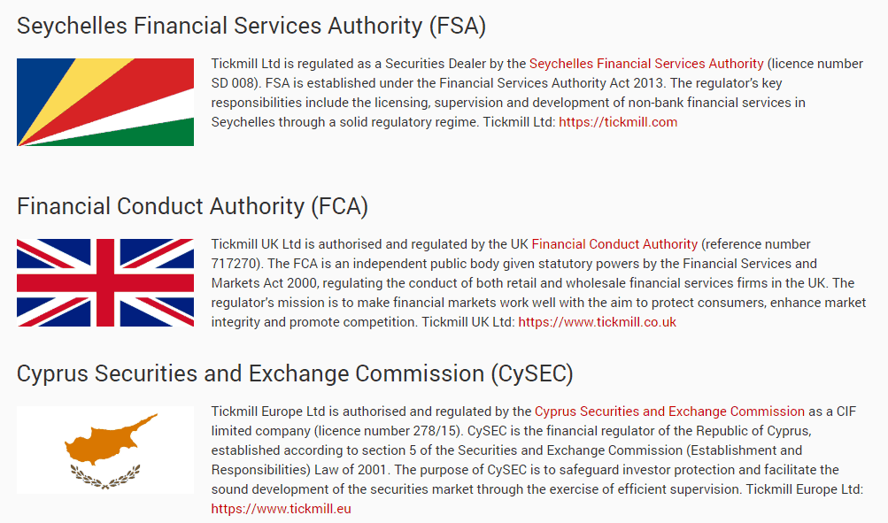Tickmill licenses