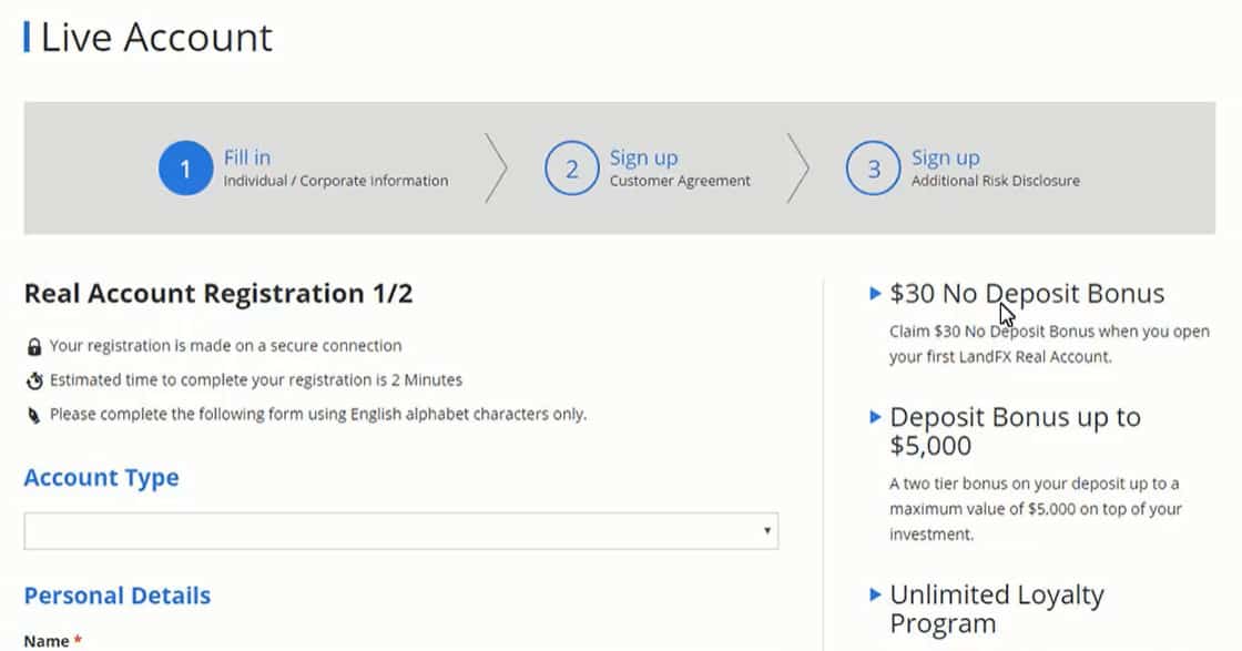 Land FX account opening