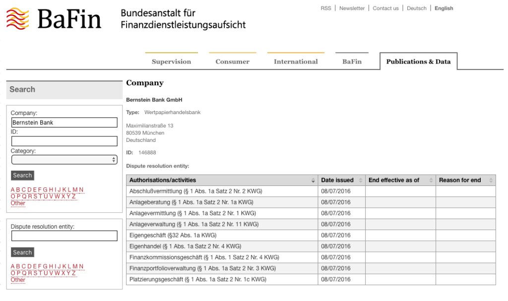 Bernstein Bank GmbH BaFIN