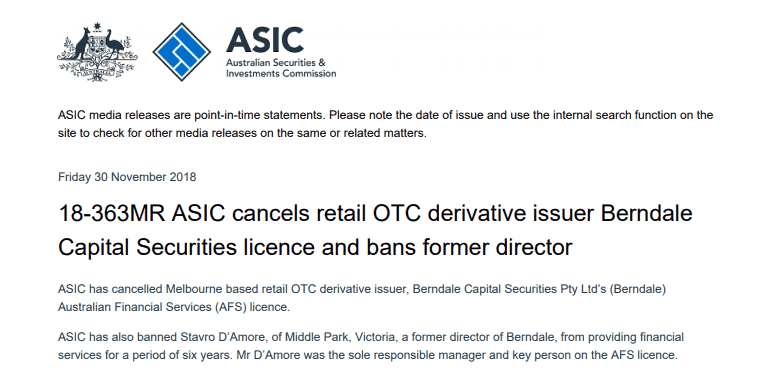 ASIC cancels license