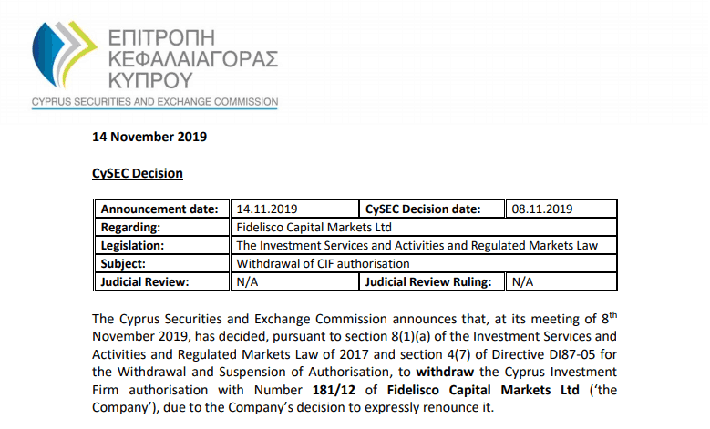 Fidelisco withdraws CySEC license