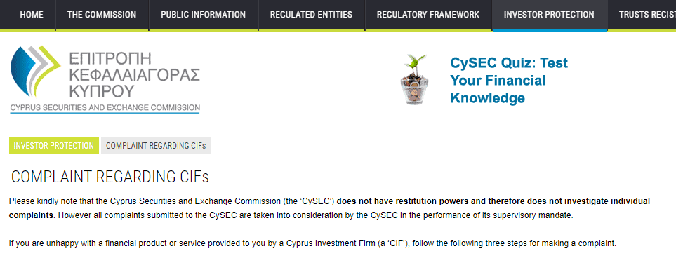 CySEC Regulatory Complaint